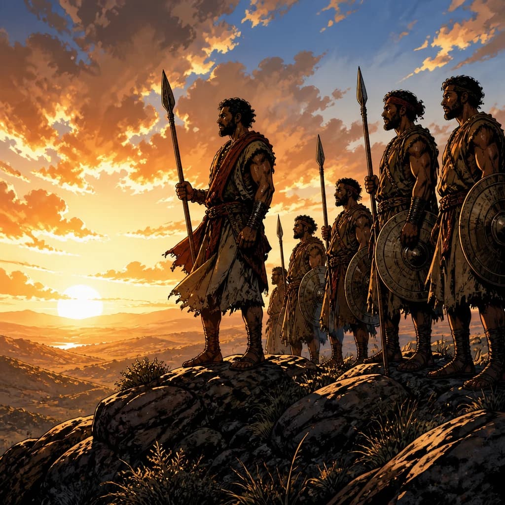 A group stands together at sunset, ready to move forward.