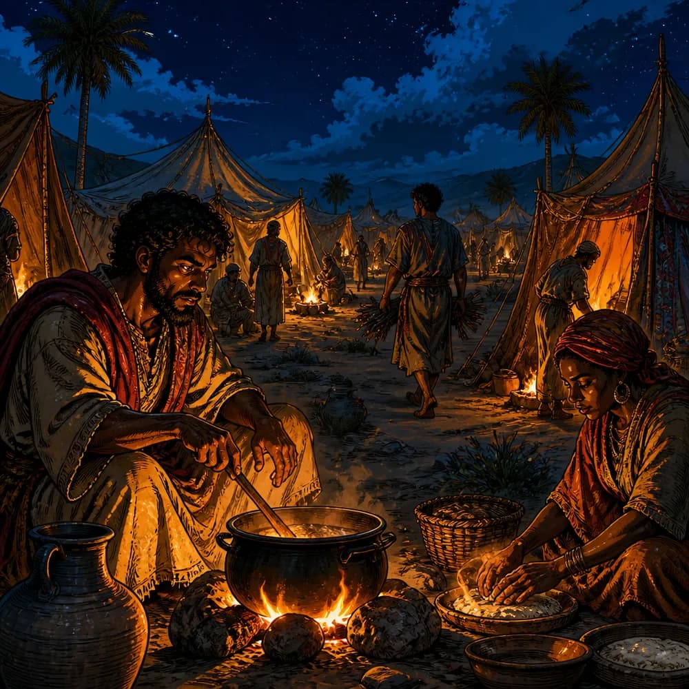 People gathered around a shared meal by firelight.